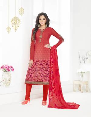 Adorn the Pretty Angelic Look Wearing This Suit In Red Color. This dress Material Is Fabricated On Crepe Paired With Chiffon Dupatta. It IS Beautified With Prints And Resham Embroidery And Stone Work.