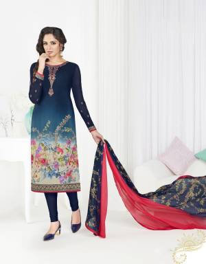 Look Beautiful Wearing this Suit In Dark Blue Colored Top Paired With Dark Blue Colored Bottom And Blue and Pink Colored Dupatta. Its Top And Bottom Are Fabricated On Crepe Paired With Chiffon Dupatta. Buy This Suit Now.