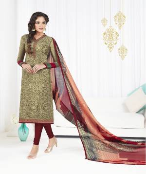 Simple And Elagant Looking Dress Material Is Here In Beige Colored Top Paired With Maroon Colored Bottom And Multi Colored Dupatta. Its Top And Bottom Are Fabricated On Crepe Paired With Chiffon Dupatta.  It Is Beautified With Prints And Embroidery.