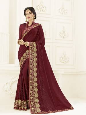 All the Fashionable women will surely like to step out in style wearing this maroon color two tone chiffon pattern saree. this gorgeous saree featuring a beautiful mix of designs. look gorgeous at an upcoming any occasion wearing the saree. Its attractive color and designer heavy embroidered design, Flower patch design, stone design, beautiful floral design work over the attire & contrast hemline adds to the look. Comes along with a contrast unstitched blouse.