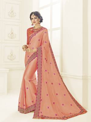 Classy, sensuous and versatile are the perfect words to describe this Peach color two tone moss chiffon saree. Ideal for party, festive & social gatherings. this gorgeous saree featuring a beautiful mix of designs. Its attractive color and designer heavy embroidered design, Flower patch design, stone design, beautiful floral design work over the attire & contrast hemline adds to the look. Comes along with a contrast unstitched blouse.