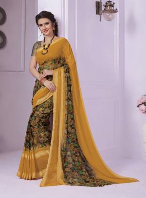 Celebrate This Festive Season Wearing This Pretty Saree In Musturd Yellow Color Paired With Contrasting Grey Colored Blouse. This Saree IS Georgette Based Paired With Crepe Blouse. Both Its Fabrics Are Soft Towards Skin And Easy To Carry All Day Long.