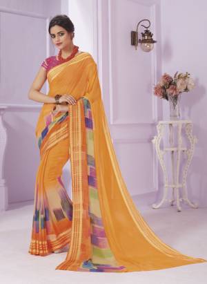 Go Colorful wEaring this Saree In Light Orange Color Paired With Contrasting Dark Pink Colored Blouse. This Saree And Blouse are Fabricated On Georgette Beautified With Multi Color Prints. Buy Now.