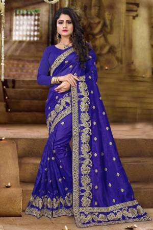 Bright And Visually Appealing Color IS Here With This Designer Silk Saree In Royal Blue Color Paired With Royal Blue Colored Blouse. This Saree And Blouse Are Fabricated On Art Silk Beautified With Jari Embroidery All Over It. 