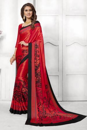 Look Attractive In This Satin Based Saree In Red Color Paired With Red Colored Blouse, This Saree And Blouse are Fabricated On Satin Silk Beautified With Black Colored Prints. This Saree Is Light Weight And Soft Towrds Skin And Easy To carry All Day Long. Buy Now.