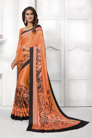 Look Attractive In This Satin Based Saree In Light Orange Paired With Light Orange Colored Blouse, This Saree And Blouse are Fabricated On Satin Silk Beautified With Black Colored Prints. This Saree Is Light Weight And Soft Towrds Skin And Easy To carry All Day Long. Buy Now.