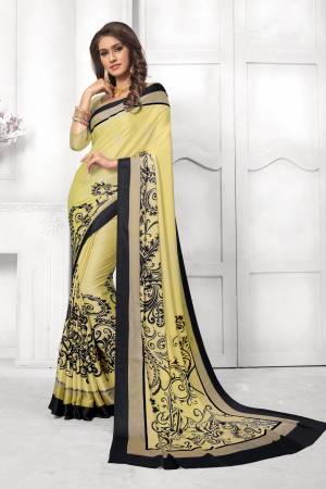 Look Attractive In This Satin Based Saree In Light Yellow Color Paired With Light Yellow Colored Blouse, This Saree And Blouse are Fabricated On Satin Silk Beautified With Black Colored Prints. This Saree Is Light Weight And Soft Towrds Skin And Easy To carry All Day Long. Buy Now.