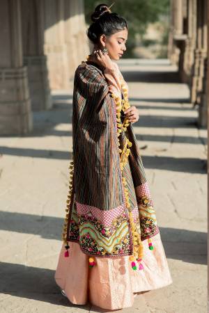 Here Is A Very Beautiful Dark Colored Designer Dupatta In Multi color Fabricated On Khadi Cotton Beautified With Thread Work and Pom Pom Laces. 