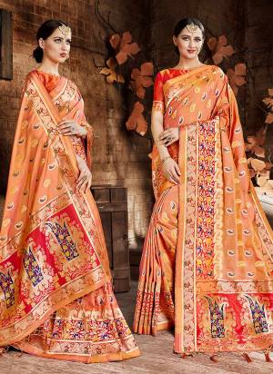 A Must Have Shade In Silk Is Here With This Designer Saree In Peach Color Paired With Orange Colored Blouse. This Saree And Blouse Are Fabricated On Cora Art Silk Beautified With Attractive Weave. Buy This Saree Now.