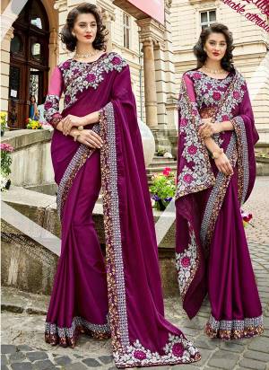Dark Colors Gives An Attractive And Enhanced Look To Your Personality, So Grab This Designer Saree In Dark Purple Color Paired With Dark Purple Colored Blouse. This Saree Is Fabricated On Georgette Paired With Art Silk And Net Fabricated Blouse. 
