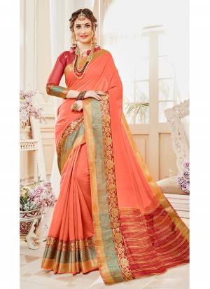 Look Pretty Wearing This Saree In Peach Color Paired With Dark Pink Colored Blouse. This Saree And Blouse Are Fabricated On Cotton Silk Beautified With Weave. It Is Light In Weight And Also Easy To Carry All Day Long.