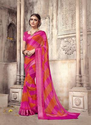 Add Some Bright Casuals With this Pretty Saree In Pink And Orange Paired With Pink Colored Blouse. This Saree And Blouse Are Fabricated On Georgette Beautified with Prints  All Over. Buy Now.