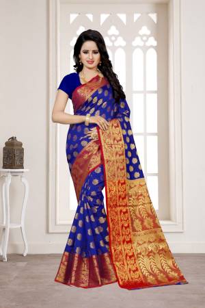 Bright And Visually Appealing Color Is Here With This Banarasi Saree In Royal Blue Color Paired with Royal Blue Colored Blouse. This Saree And Blouse Are Fabricated On Banarasi Art Silk Beautified with Weaving All Over.