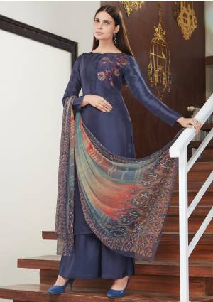 Enhance Your Personality Wearing This Designer Straight Suit In Dark Blue Color Paired With Contrasting Multi Colored Dupatta. Its Top Is Soft Silk Fabricated Paired With Santoon Bottom And Chiffon Dupatta. Its All Fabric Ensures Superb Comfort All Day Long.