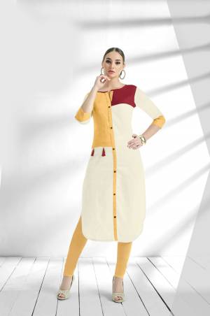 Grab This Beautiful Readymade Kurti In White And Yellow Color Fabricated On Cotton Slub. It Has Very Unique Color Black Pattern Making The Kurti Attractive. Buy Now.