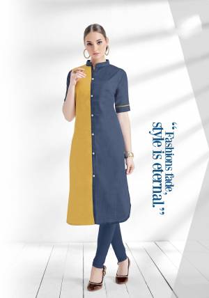 Be It Your College Wear, Semi-Casual Wear Or At Your Work place, This Kurti Is Perfect For All. Grab This Readymade Kurti In Steel Blue And Yellow Color Fabricated On Cotton Slub. This Readymade Kurti Is Light Weight And Ensures Superb Comfort All Day Long.