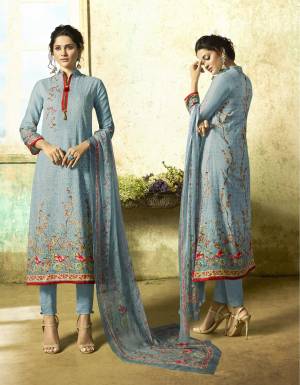 Rich And Elegant Looking Designer Straight Suit Is Here In Light Blue Colored Top Paired With Light Blue Colored Bottom And Dupatta. Its Top And Bottom Are Fabricated On Cambric Cotton Paired With Chiffon Dupatta. All Its Fabric Ensures Superb Comfort All Day Long.