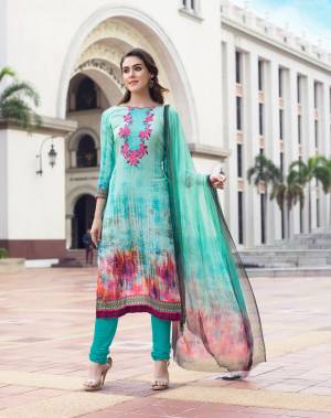 Quite Pretty Looking Color Is Here With Semi-Stitched Straight Suit In Aqua Blue Colo Paired With Aqua Blue Colored Bottom And Dupatta. Its Top Is Fabricated On Cotton Satin Paired With Santoon Bottom And Chiffon Dupatta. It Is Beautified With Prints And Thread Work Over The Neckline. Buy Now.