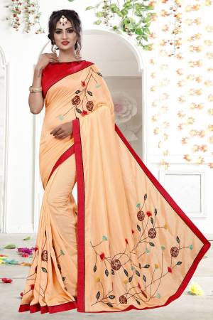 For Festive Feels, Grab This Designer Saree In Peach Color Paired With Contrasting Red Colored Blouse. This Saree Is Fabricated On Fancy Georgette Paired With Art Silk Fabricated Blouse. This Saree Is Light Weight And Easy To Drape.