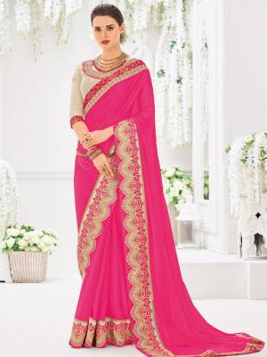 Flaunt a new ethnic look wearing this Dark pink color bright georgette saree. this party wear saree won't fail to impress everyone around you. this gorgeous saree featuring a beautiful mix of designs. Its attractive color and designer heavy embroidered design, Flower patch design, moti design, beautiful floral design work over the attire & contrast hemline adds to the look. Comes along with a contrast unstitched blouse.