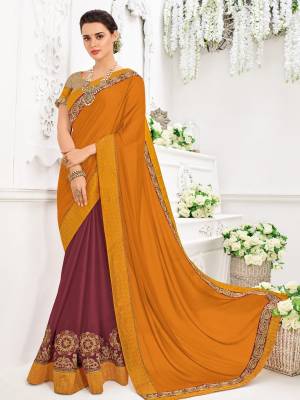 you Look striking and stunning afler wearing this Musturd Yellow & Brown color bright georgette saree. look gorgeous at an upcoming any occasion wearing the saree. this party wear saree won't fail to impress everyone around you. Its attractive color and designer heavy embroidered design, Flower patch design, beautiful floral design work over the attire & contrast hemline adds to the look. Comes along with a contrast unstitched blouse.