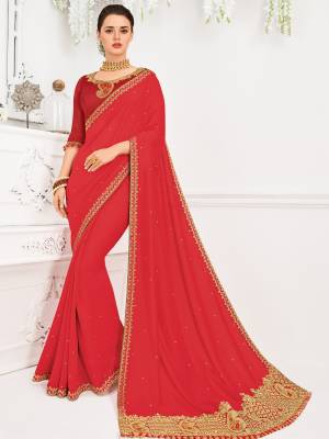 Presenting this red color silk fabrics saree. look gorgeous at an upcoming any occasion wearing the saree. this party wear saree won't fail to impress everyone around you. Its attractive color and designer heavy embroidered design, Flower patch design, moti design, beautiful floral design work over the attire & contrast hemline adds to the look. Comes along with a contrast unstitched blouse.
