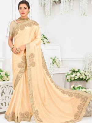 Classy, sensuous and versatile are the perfect words to describe this Cream color bright georgette saree. Ideal for party, festive & social gatherings. this gorgeous saree featuring a beautiful mix of designs. Its attractive color and designer heavy embroidered design, Flower patch design, moti design, beautiful floral design work over the attire & contrast hemline adds to the look. Comes along with a contrast unstitched blouse.