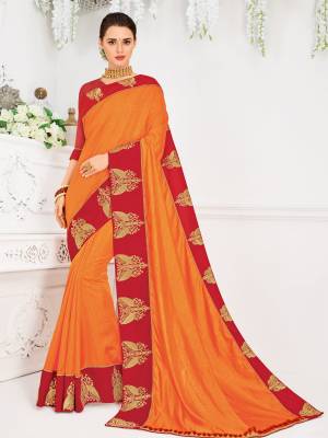 The fabulous pattern makes this orange color  Silk jacquard saree. Ideal for party, festive & social gatherings. this gorgeous saree featuring a beautiful mix of designs. Its attractive color and designer heavy embroidered design, Flower patch design, moti design, beautiful floral design work over the attire & contrast hemline adds to the look. Comes along with a contrast unstitched blouse.