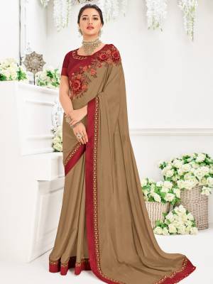 Presenting this Light brown color two tone silk georgette saree. Ideal for party, festive & social gatherings. this gorgeous saree featuring a beautiful mix of designs. Its attractive color and designer heavy embroidered design, Flower patch design, moti design, beautiful floral design work over the attire & contrast hemline adds to the look. Comes along with a contrast unstitched blouse.