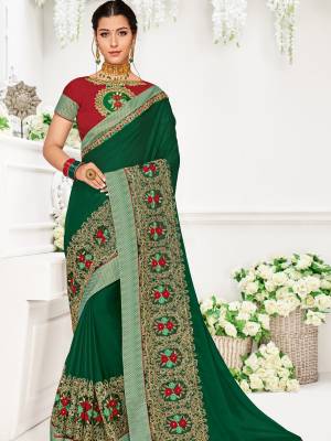 Flaunt your gorgeous look wearing this green color bright georgette saree. Ideal for party, festive & social gatherings. this gorgeous saree featuring a beautiful mix of designs. Its attractive color and designer heavy embroidered design, Flower patch design, moti design, beautiful floral design work over the attire & contrast hemline adds to the look. Comes along with a contrast unstitched blouse.