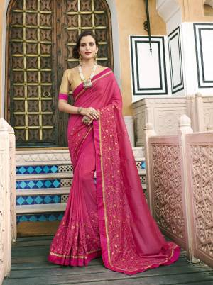 Shine Bright Wearing This Designer Saree In Dark Pink Color Paired With Beige Colored Blouse. This Saree And Blouse are Fabricated On Art Silk Beautified With Small Embroidery.