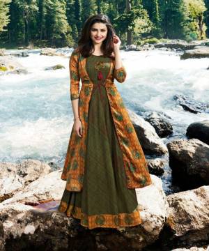 Grab This Designer Readymade Kurti Cum Gown To Your Wardrobe In  Dark Green And Musturd Yellow Color Fabricated On Satin And Crepe Beautified With Prints All Over The Jacket. Its Attractive Color Combination And Fabric Will earn You Lots Of Compliments From Onlookers.