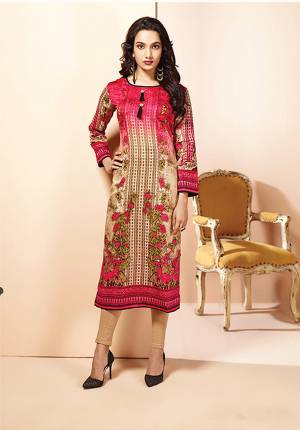 Attract All With This Readymade Kurti In Dark Pink And Beige Color Fabricated On Cotton Beautified With Floral Prints all Over. It Is Available In All Regular Sizes. Buy Now.