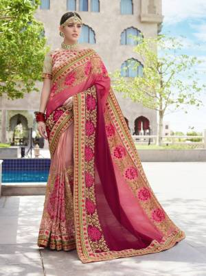 Look The Prettiest Of all Wearing This Heavy Designer Saree In Pink Color Paired With Beige Colored Blouse. This Saree Is Fabricated On Silk Georgette Paired With Art Silk Fabricated Blouse. Buy Now.