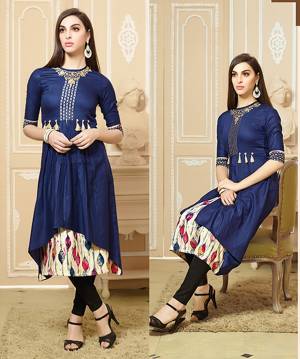 Enhance Your Personality Wearing This Designer Readymade Kurti In Dark Blue Color Fabricated On Cotton Beautified With Prints And Thread Work. This Double Layered Pattern Gives Heavy Look To Even Your Simple Kurti.
