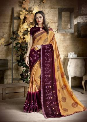 Add This Pretty Saree In Light Orange Color Paired With Contrasting Wine Colored Blouse, This Saree Is Georgette Paired With Art Silk Fabricated Blouse. It Is Light Weight And Easy to Drape Which Is Easy to Carry All Day Long.