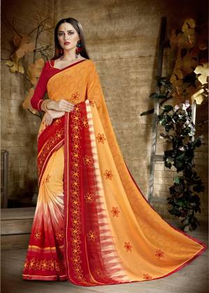 Orange Color Induces Perfect Summery Appeal To Any Outfit, Grab This Saree In Orange Color Paired With Contrasting Red Colored Blouse. This Georgette Based Saree Ensures Superb Comfort All Day Long. Buy Now.