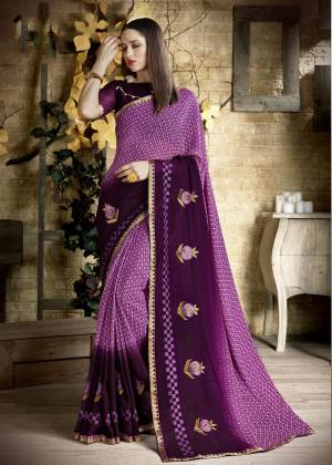 Look Beautiful In This Very Pretty Purple Colored Saree Paired With Dark Purple Colored Blouse. This Saree Is Georgette Based Fabric Paired With Art Silk Fabricated Blouse. Both The Fabrics Are Light Weight And Easy To Carry All Day Long.