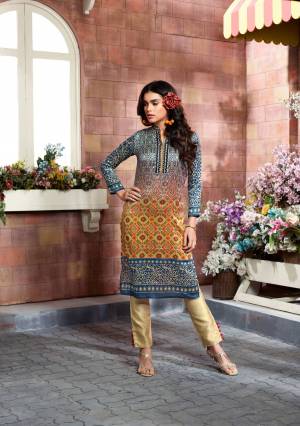You Will Definitely Earn Lots Of Compliments Wearing This Designer Readymade kurti In blue And Beige Color Fabricated On Tussar Art Silk Beautified With Prints And Thread Work. Buy This Readymade Kurti Now.