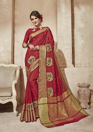 Adorn The Pretty Angelic Look Wearing This Red colored Saree Paired With Red Colored Blouse. This Saree And Blouse are Fabricated On Cotton Silk Beautified with Thread Work. This Saree Is Durable And Easy To Drape. Buy Now.