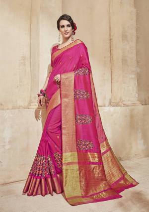 Bright And Visually Appealing Color Is Here With This Designer Saree In Fuschia Pink Color Paired With Fuschia Pink Colored Blouse. This Saree And Blouse Are Fabricated On Cotton Beautified With Thread Work. Buy Now.