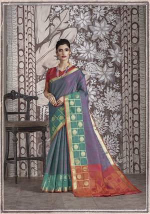New Color And Patterned Saree Is Here In Purple Color Paired With Contrasting Red Colored Blouse. This Saree And Blouse Are Fabricated On Banarasi Muslin Silk Beautified With Weave All Over It. This Fabric Gives A Rich Look To Your Personality. Buy Now. 