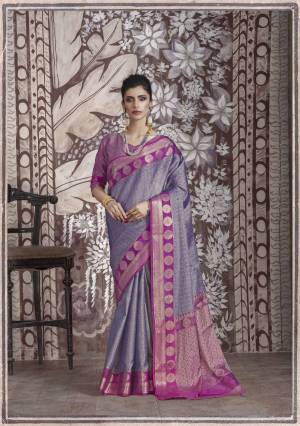You Will Definitely Earn Lots Of Compliments Wearing This Designer Silk Saree In Dark Purple Color Paired With dark Pink Colored Blouse. This Saree And Blouse Are Banarasi Muslin Silk Based Fabric Beautified With Weave. Buy This Saree Now.