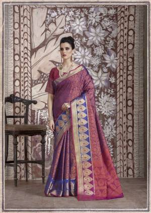 You Will Definitely Earn Lots Of Compliments Wearing This Designer Silk Saree In Purple And Pink Color Paired With dark Pink Colored Blouse. This Saree And Blouse Are Banarasi Muslin Silk Based Fabric Beautified With Weave. Buy This Saree Now.