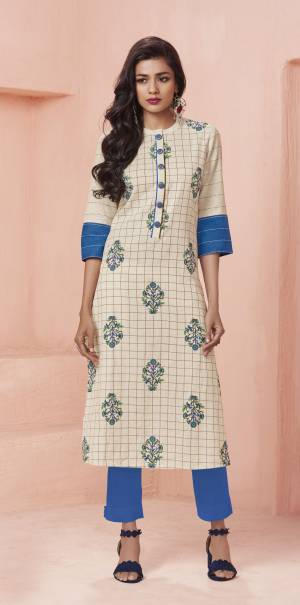 For Your Casual Or Semi-Casual wear, Grab This Simple And Elegant Looking Designer Readymade Kurti In Cream Color Fabricated On Cotton Beautified With Checks Prints And Floral Motifs All Over It. Buy This Readymade Kurti Now.