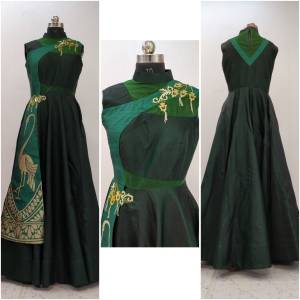 Dark Color Gives An Attractive And Fresh Look Everytime You Wear The Attire, Add This Pine Green Colored Readymade Designer Gown To Your Wardrobe Fabricated On Velevt Satin And Art Silk Beautified with Hand Work. It Also Ensures Superb Comfort all Day Long.