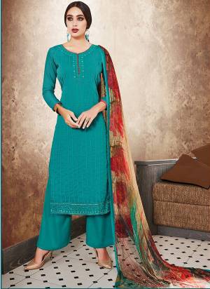 If Those Readymade Suit Does Not Lend You The Desired Comfort, Than Greb This Beautiful Dress Material In Blue Color And Get This Stitched As Per Your Desired Fit And Comfort. Its Top And Bottom Are Fabricated On Satin Paired With Chiffon Dupatta. Buy Now.