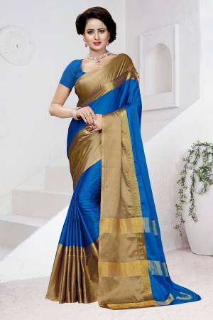Grab This Poly Cotton Based Fabric Saree In Royal Blue And Golden Color Paired With Royal Blue Colored Blouse. This Plain Saree Gives An Elegant Look To Your Personality. Buy Now.