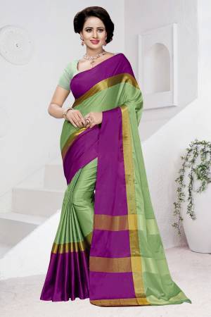 This Season Is About Subtle Shades And Pastel Play, So Grab This Pretty Saree In Pastel Green Color Paired With Pastel Green Colored Blouse. This Saree And Blouse Are Poly Cotton Based Fabric. It Is Light Weight And Easy To Carry All Day Long.