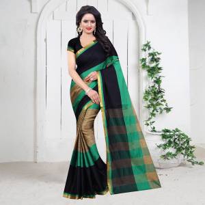 Grab This Poly Cotton Based Fabric Saree In Black & Sea Green Color Paired With Black Colored Blouse. This Plain Saree Gives An Elegant Look To Your Personality. Buy Now.
